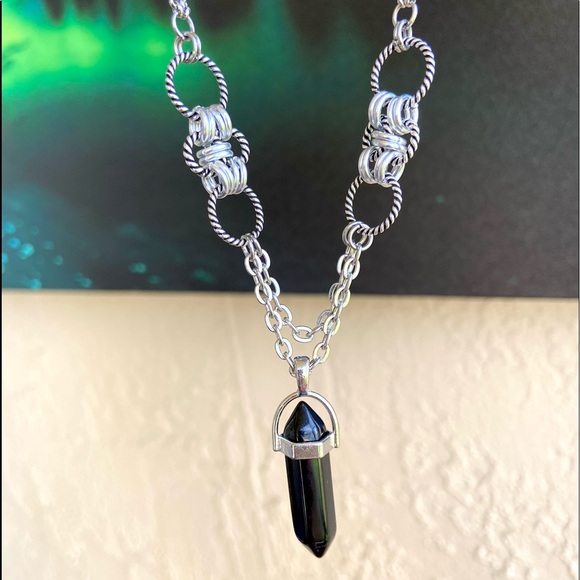 Handmade maille choker & Black obsidian bullet charm boho necklace - Picture 7 of 15